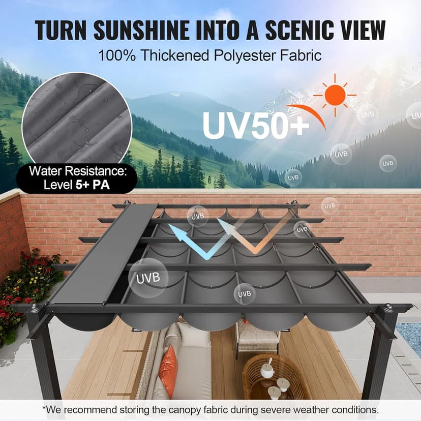 VEVOR 10'x10' Outdoor Retractable Pergola with Canopy, Aluminum Pergola with Retractable Canopy, Modern Style, Sun Shade for Patios, Gardens, Decks, Backyards (Gray)