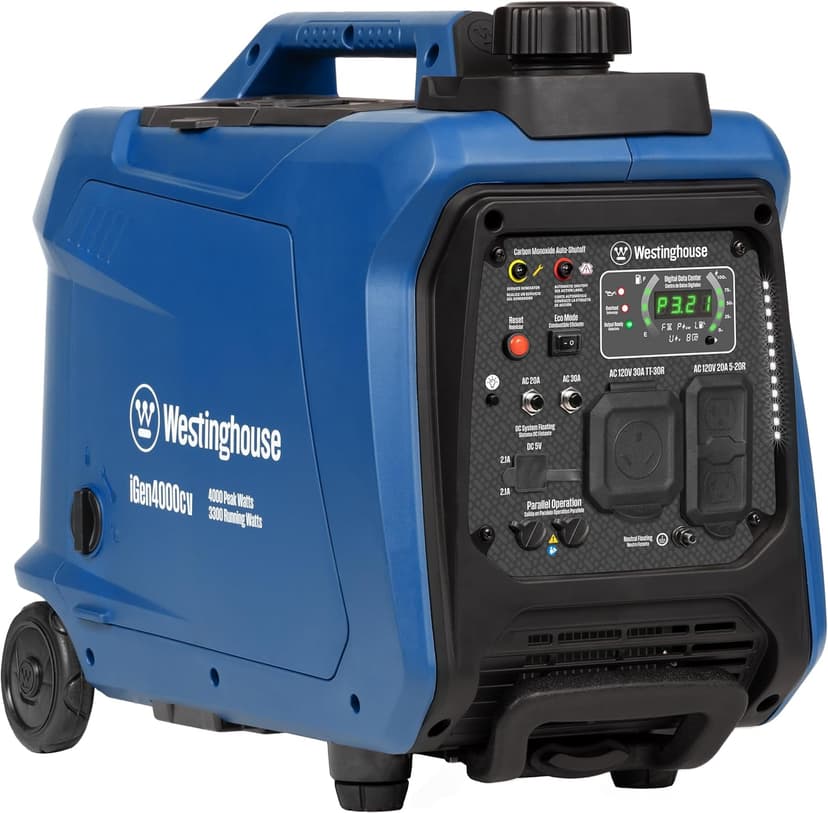 Westinghouse 4000 Peak Watt Super Quiet Portable Inverter Generator, Wheel & Handle Kit, RV Ready 30A Outlet, Gas Powered, CO Sensor, Parallel Capable