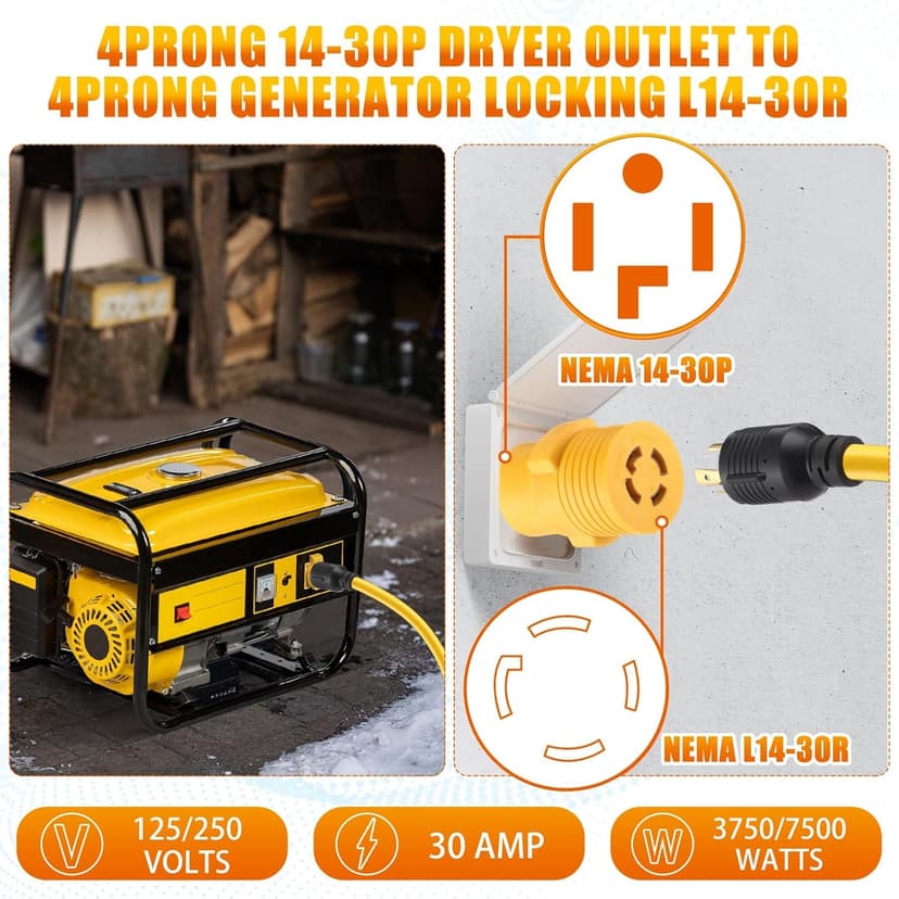 Kanayu 4 Prong 30 Amp Dryer Adapter Compatible with NEMA 14-30P to L14-30R, 4 Prong Dryer Outlet to Generator Locking Plug Adapter Welder Generator EV Charger Cord Adapter