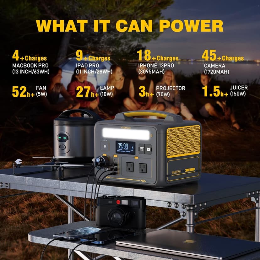 VTOMAN Jump 600X Portable Power Station, LFP Battery Powered Generator with 2x 600W AC Outlets (Surge 1200W), 4x USB ports, 3x DC Output for Outdoor Camping, Vehicle Emergency, Electric Backup