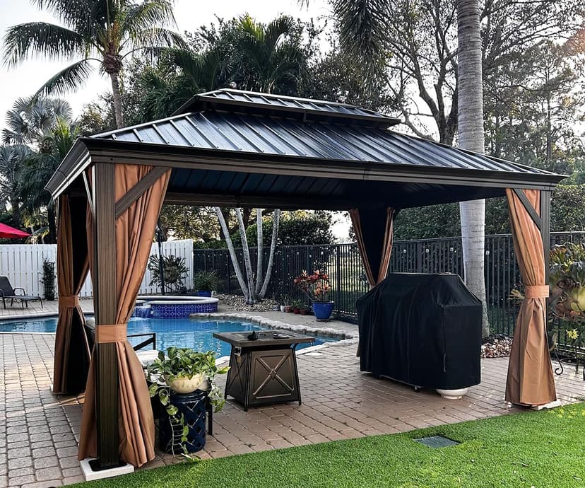 PURPLE LEAF 10' x 14' Hardtop Gazebo with Curtains and Netting for Hot Tub Heavy Duty Deck Beach Pool Backyard Outdoor Canopy Tent Sun Shade Metal Roof Patio Permanent Pavilion
