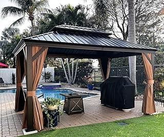 PURPLE LEAF 10' x 14' Hardtop Gazebo with Curtains and Netting for Hot Tub Heavy Duty Deck Beach Pool Backyard Outdoor Canopy Tent Sun Shade Metal Roof Patio Permanent Pavilion