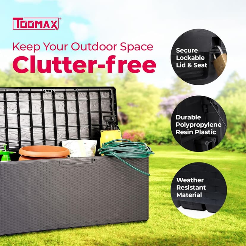 Toomax Portofino Large 90 Gallon Plastic Outdoor Storage Backyard Deck Box, with Lockable Lid, Seat Weight Capacity 450 Pounds, Gray