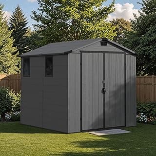 Patiowell 6 x 8 FT Plastic Outdoor Storage Shed with Floor, Resin Outside Tool Shed with Two Windows and Lockable Door for Garden, Backyard, Tool Storage Use, Easy to Install, Dark Grey