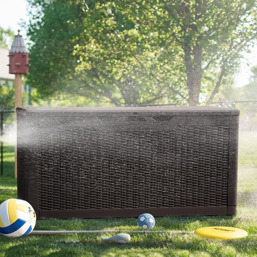 Greesum 100 Gallon Resin Deck Box Lockable Large Outdoor Storage Boxes for Garden Tools, Patio Furniture Cushions, Pool Supplies, Dark Brown