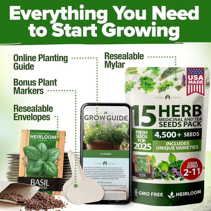 HOME GROWN 15 Culinary Herb Seeds 4,500+ Heirloom 𝗡𝗢𝗡-𝗚𝗠𝗢, 𝗨𝗦𝗔-𝗦𝗢𝗨𝗥𝗖𝗘𝗗 High Germination Rate, for Planting Indoor Hydroponic Outdoor, Gardening Gifts for Women Men, Mothers Day Gifts