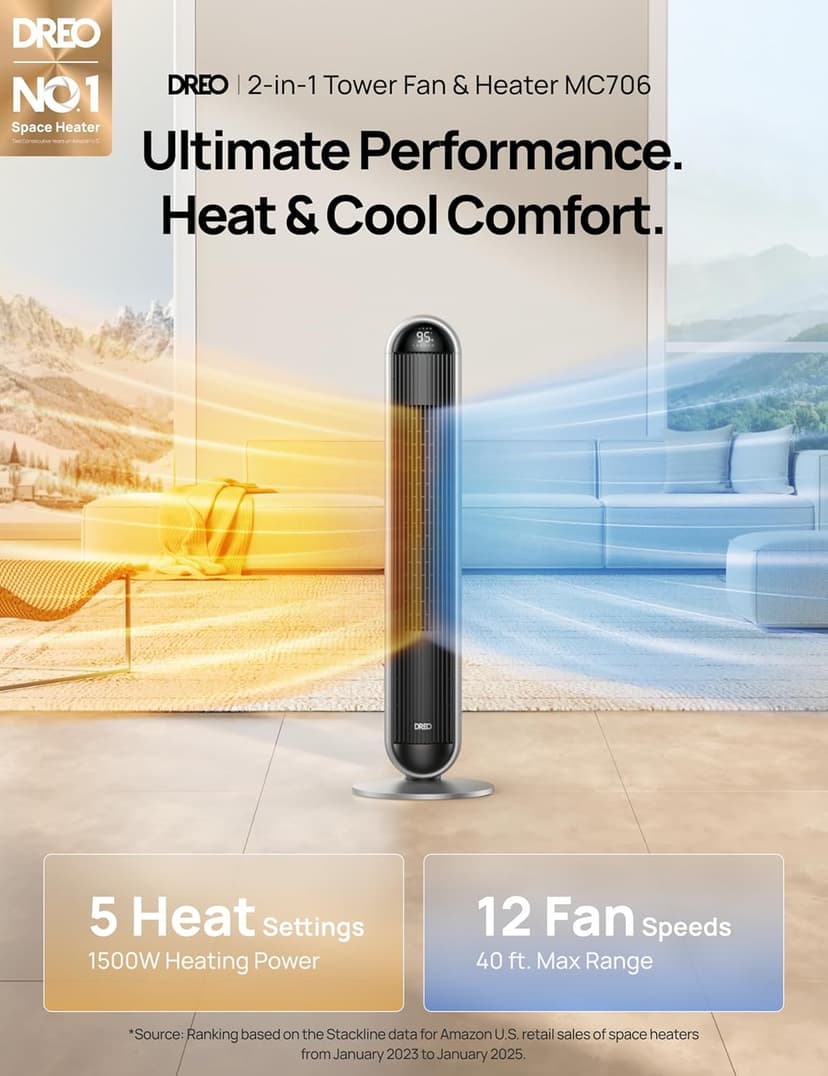 Dreo Tower Fan and Heater Combo, 29.2ft/s Standing Fans for Bedroom, 17 Levels, 6 Modes, 120° Oscillation, 42 Inch, 12H Timer, 25dB Quiet, with Remote, for Office, Large Room, Silver