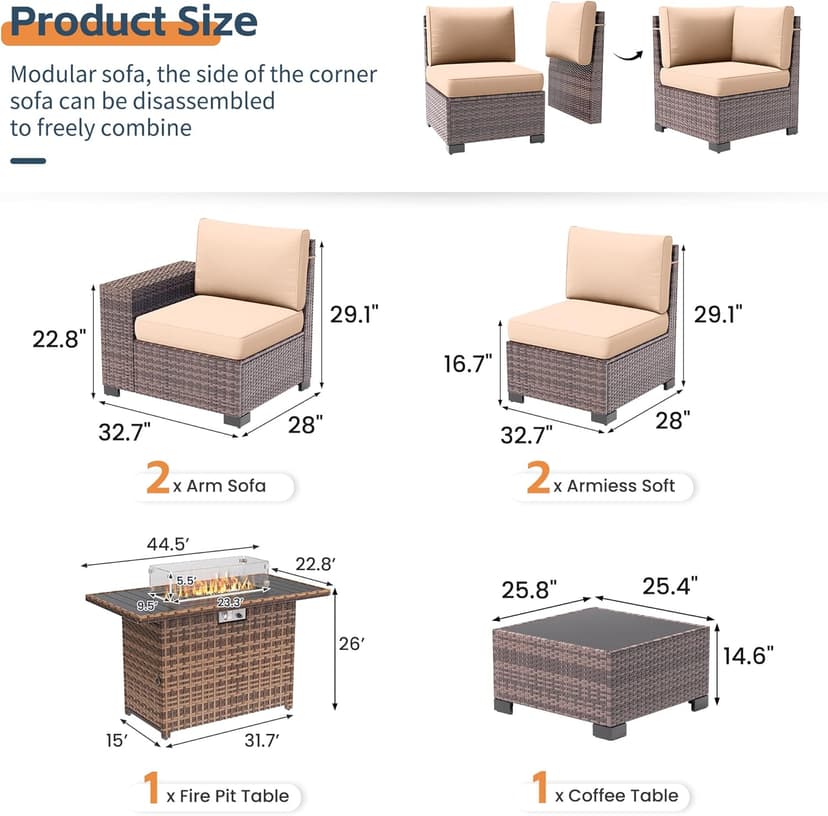 UDPATIO 7 Piece Patio Furniture Set with Fire Pit Table, 8''Wide Armrest Modular Rattan Outdoor Sectional Sofa Set,Wicker Patio Conversation Sets for Backyard,Deck w/ 4'' Cushions,Cover(Brown/Khaki)