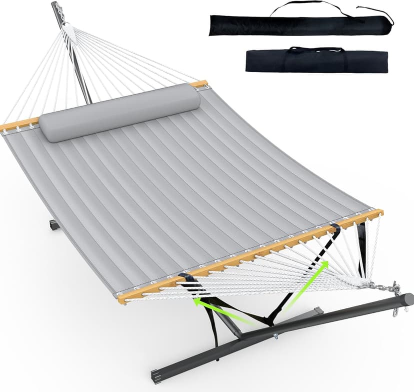 Double Hammock with Stand for Outdoor, Heavy Duty Portable Hammock with Adjustable Steel Stand for Patio, Garden, Beach, Backyard - Includes Carrying Bag,Dark Grey