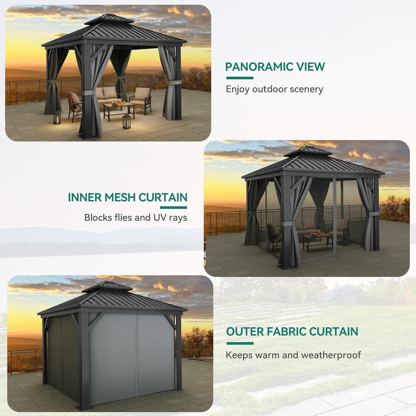 YITAHOME 10x10ft Hardtop Gazebo with Nettings and Curtains, Heavy Duty Double Roof Galvanized Steel Outdoor Combined of Vertical Stripes Roof for Patio, Backyard, Deck, Lawns, Gray