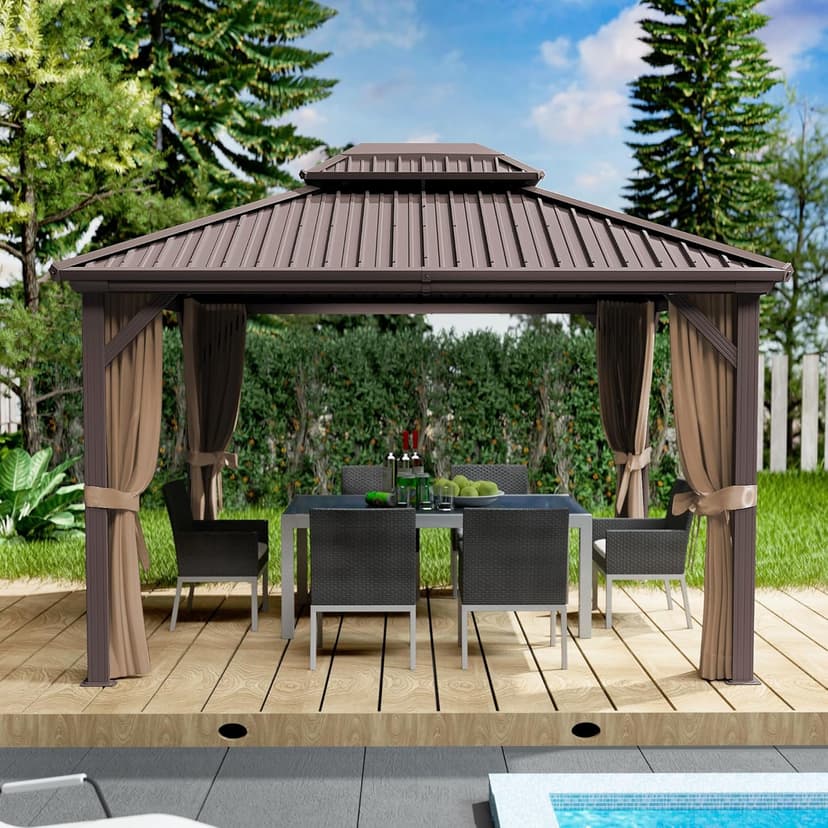 Kozyard Caesar 10'x12' Hardtop Gazebo - Permanent Metal Pavilion with Netting and Shaded Curtains for Patio, Backyard, and Deck - Galvanized Steel Outdoor Aluminum Canopy, Double Roof Gazebo (Brown)