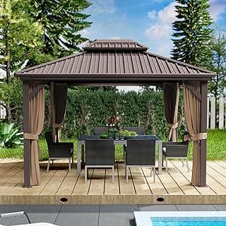 Kozyard Caesar 10'x12' Hardtop Gazebo - Permanent Metal Pavilion with Netting Shaded Curtains for Patio, Backyard, and Deck - Galvanized Steel Outdoor Aluminum Canopy, Double Roof Gazebo (Dark Brown)