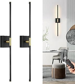 Battery Operated Wall Sconces Set of 2, Dimmable Battery Wall Sconce with Remote Control, Black Gold LED Rechargeable Sconces, 24 Inch Modern Wireless Wall Lights for Bedroom, Living Room