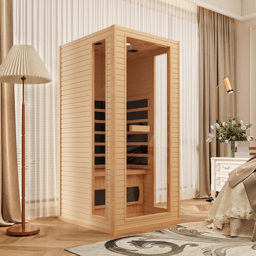 1 Person Infrared Sauna, Full Spectrum Roomy Sauna for Home, Indoor Dry Sauna with Rapid Heating 4 Carbon Panels&1 Carbon Tube, Bluetooth and 7 Color Therapy Lights, 110V