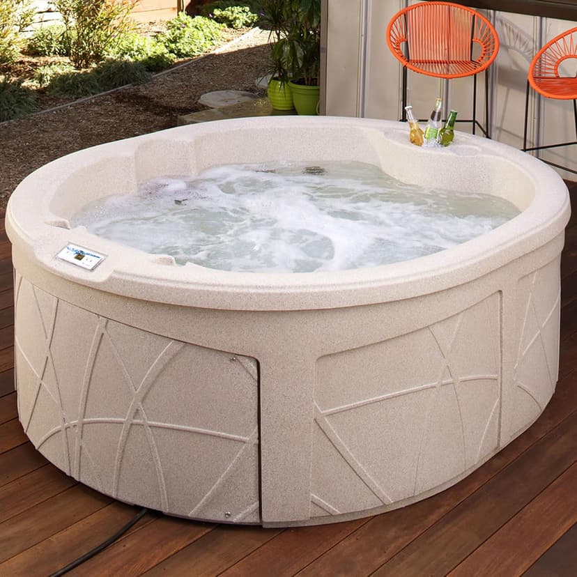 LifeSmart 4-Person Hot Tub, Outdoor Spa with Cover and LED Lights, Circular, Beige - Above-Ground Spa Machine with Accessories for Home and Personal Relaxation