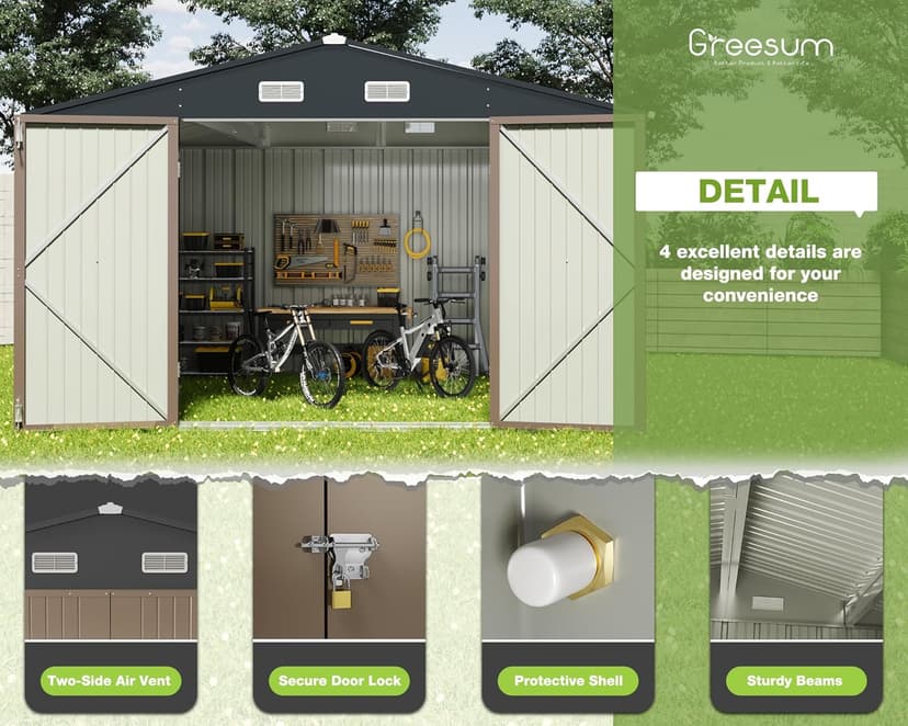 Greesum Outdoor Storage Shed 10 x 8 ft. Utility Tool Shed Metal Storage Garden Shed with Door & Lock for Patio Storage, Brown