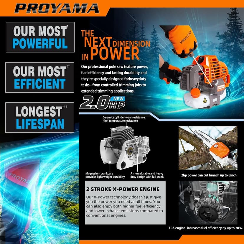 PROYAMA 90-180 Degree 42.7cc Head Adjustable Pole Chainsaw for Tree Trimming with 12 inch OREGON Cutting Bar & OREGON Chain 38-inch Extension for a 15ft Reach Gas Cordless Pole Saw