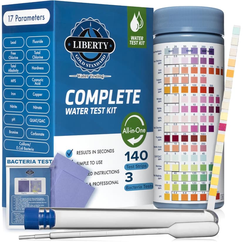 Liberty Gold Standard© Water Test Strips (121-Piece Kit) Testing for Pools & Spas, Hot Tubs - Test Chlorine, pH, Hard Water Hardness Test, Cyanuric Acid, Alkalinity, Bromine (Pool Spa Test Kit)