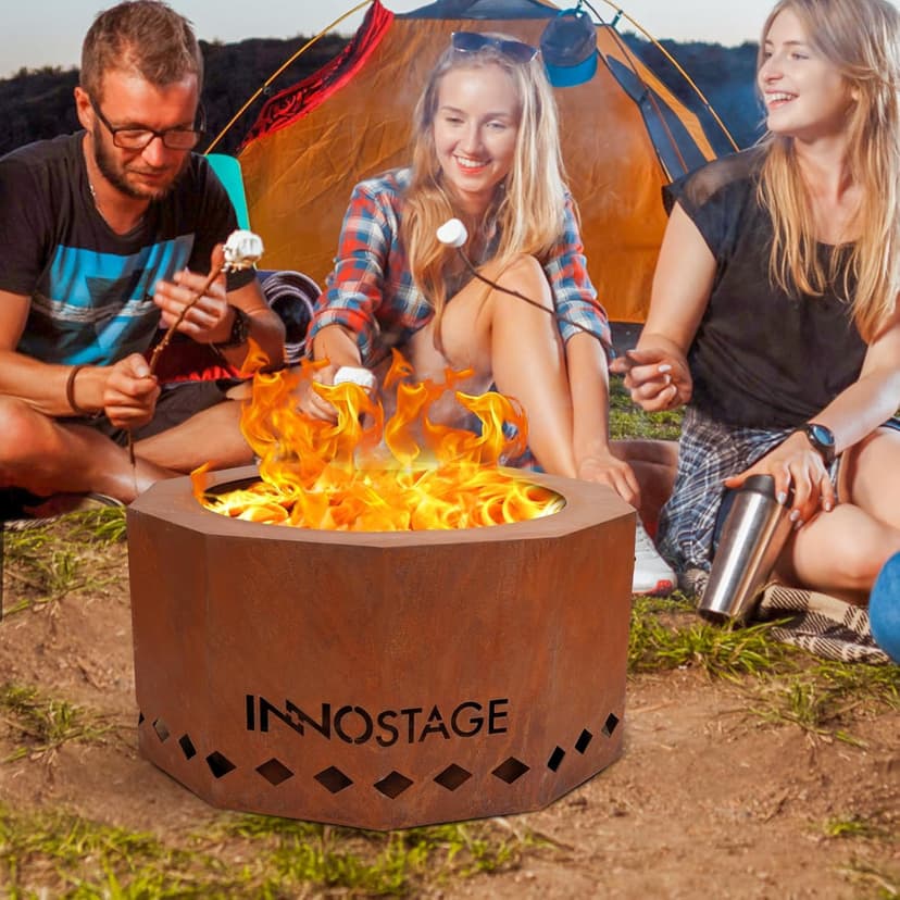 Outdoor Fire Pit - 24" Smokeless Wood Pellet Fire Pits Large for 4-6 People Campfire-Weathering Steel Material