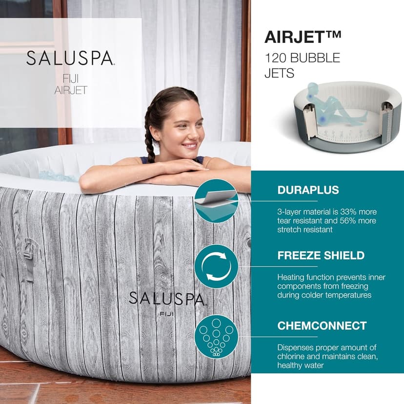 Bestway 2-4 Person SaluSpa Fiji Signature AirJet Inflatable Hot Tub Spa, 71" x 26" Round Portable Spa with 120 Soothing Jets and Insulated Cover