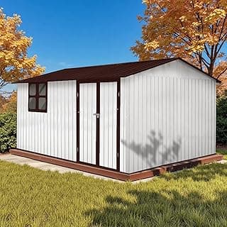 12' x 10' XL Outdoor Storage Shed, Sturdy Metal Building w/Windows & Lockable Doors for Garden, Backyard, Poolside and Lawn, Brown+White