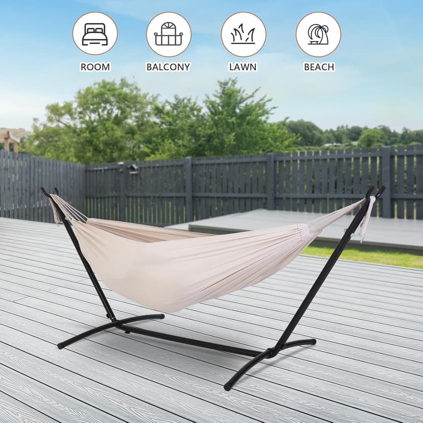 Double Hammock with Stand Included 450lb Capacity Space Saving Steel Stand,Premium Carry Bag Included,Suit for Outside,Indoor,Yard,Camping(Beige).