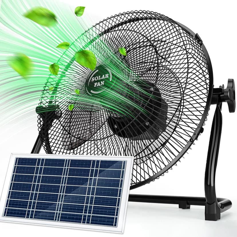 12'' Solar Powered Fan with 20W Solar Panel, Portable Battery Operated Cordless Outdoor Fan for Camping, Home, Patio, Worksite - Stepless Speed, Metal Construction and Aluminum Blades