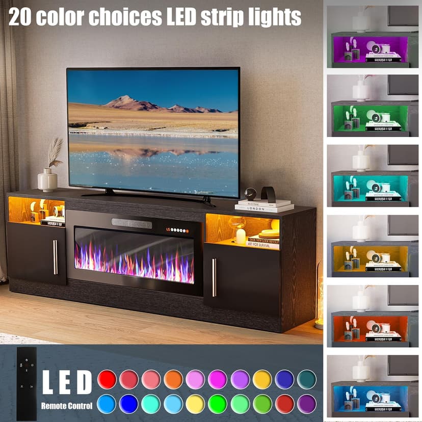 VITESSE Fireplace with TV Stand 36" inch Electric Fireplace Up to 80" TVs, LED Light Entertainment Center, 70" Modern Wood High Gloss with Highlight Storage Cabinet for Living Room (Black)