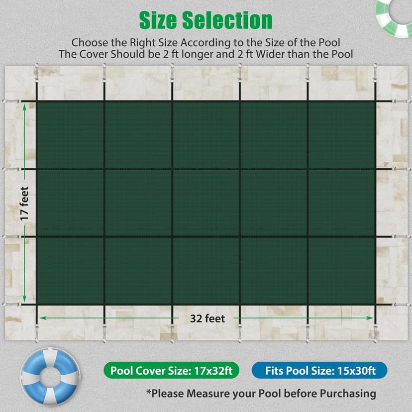 Inground Pool Cover Safety Fits 15x30ft Rectangle Swimming Pool, Mesh Solid Pool Cover for Inground Pools,Winter Pool Safety Cover Includes Safety Net and Installation Tools Green