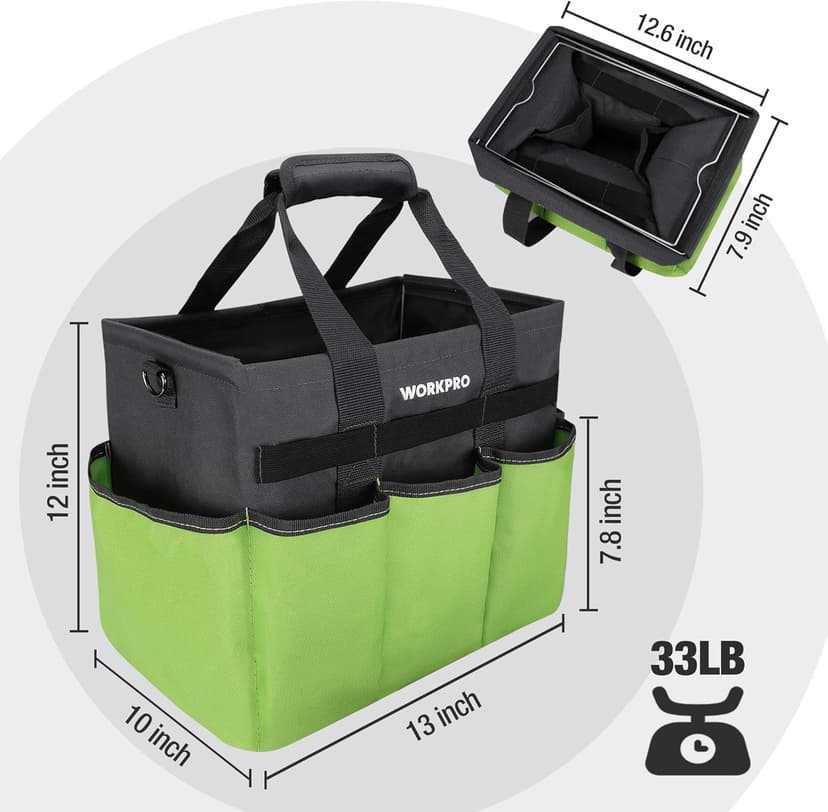 WORKPRO Garden Tool Bag Organizer, Heavy Duty Gardening Tote Bag with 10 Pockets and Long Adjustable Shoulder Strap, Standable Garden Home Tool Kits Organizer, Green