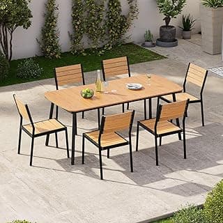 Crestlive Products Outdoor Table and Chairs, 7 Pieces Aluminum Patio Dining Set for 6 with Umbrella Hole All-Weather Woodgrain 70in Outdoor Dining Set for Garden Backyard Poolside, Brown