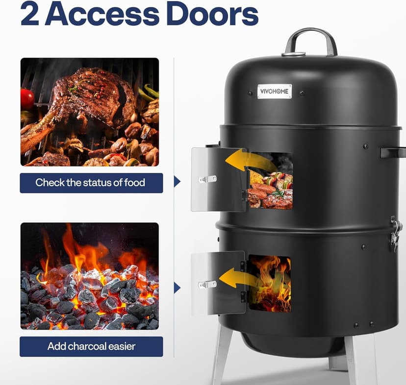 VIVOHOME 3-in-1 Vertical Charcoal Smoker, BBQ Smoker Grill with Built-in Thermometer, Air Vent, and 2 Access Doors, Idea for Parties, Backyard, Barbecues