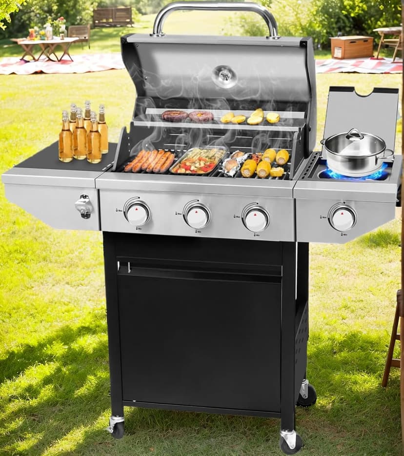 4 Burner Outdoor Propane Gas Grill with Side Burner & Thermometer, Stainless Steel Barbecue Grill with Wheels for Patio BBQ Cooking, Camping