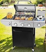 4 Burner Outdoor Propane Gas Grill with Side Burner & Thermometer, Stainless Steel Barbecue Grill with Wheels for Patio BBQ Cooking, Camping