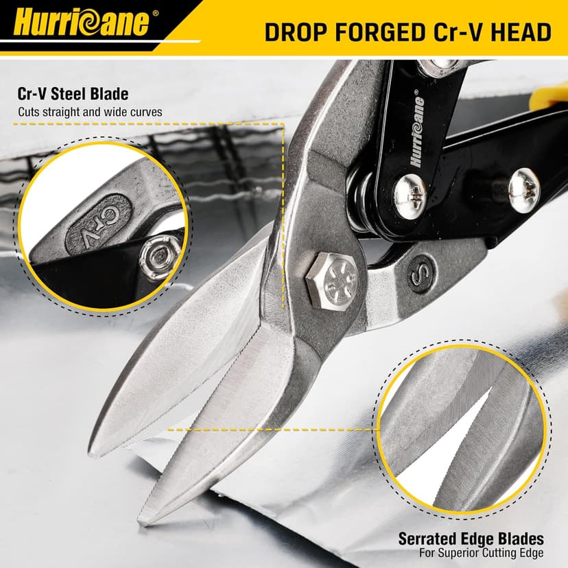 HURRICANE 10 Inch Aviation Tin Snips, Heavy Duty Metal Cutter Shears for Cutting Sheet Metal, Straight Cut, Chrome Vanadium Steel