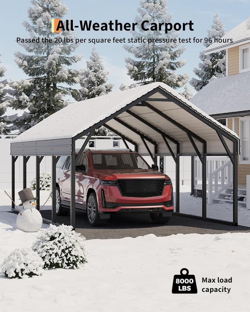 12x20 FT Metal Carport, Reinforced Frame and Steel Roof for All-Weather Use, Permanent Shelter for Bass Boats, Full-Sized Pickup Trucks, and Tractors