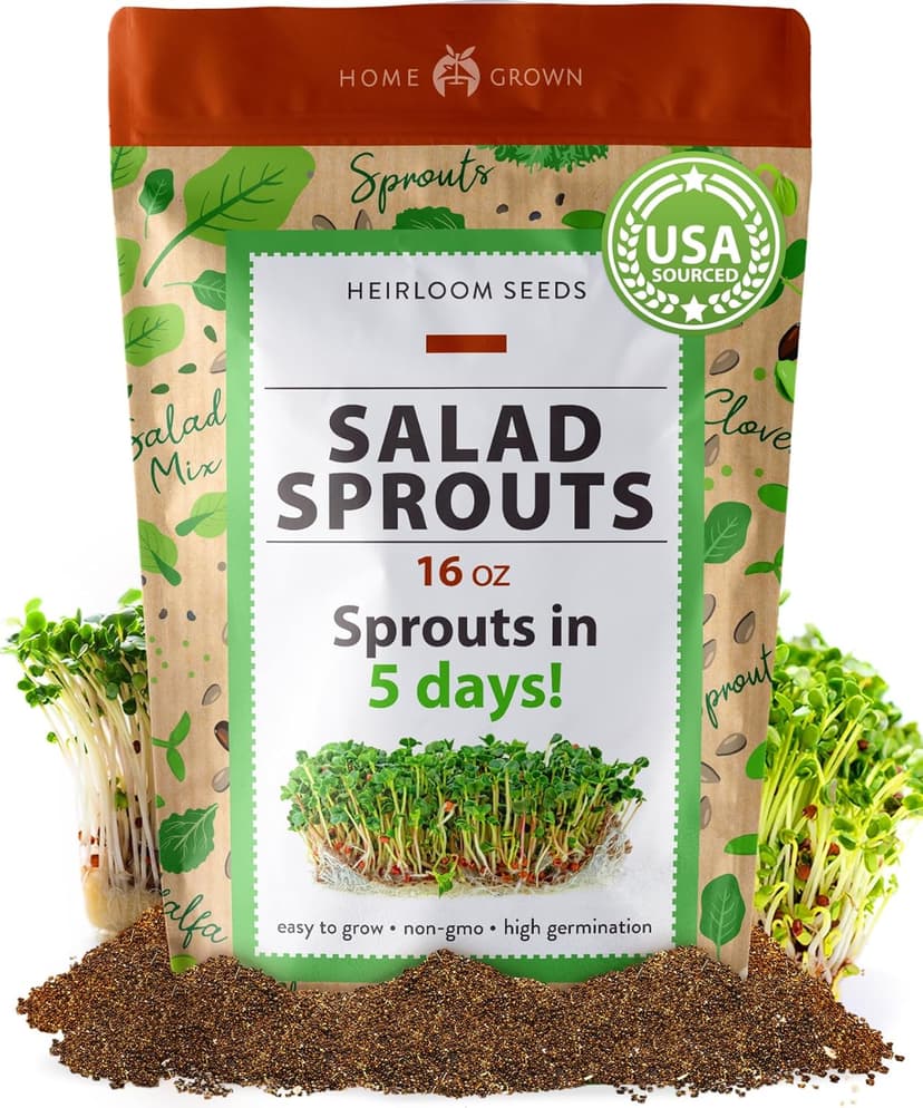 HOME GROWN Microgreens & Sprouts Salad Seeds Mix – 16oz Resealable Mylar Pack – Broccoli, Alfalfa, Radish, Clover – Heirloom 𝗡𝗢𝗡-𝗚𝗠𝗢 Seeds for Healthy Indoor Growing & Juicing
