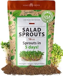 HOME GROWN Microgreens & Sprouts Salad Seeds Mix – 16oz Resealable Mylar Pack – Broccoli, Alfalfa, Radish, Clover – Heirloom 𝗡𝗢𝗡-𝗚𝗠𝗢 Seeds for Healthy Indoor Growing & Juicing
