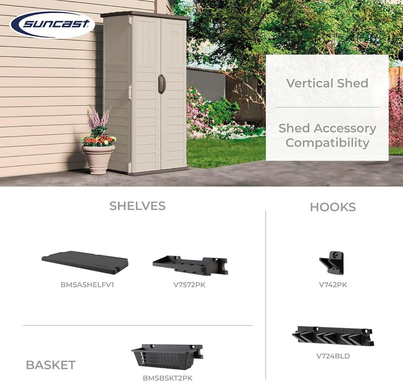 Suncast Vertical Outdoor Storage Shed with Reinforced Floor, Lockable Double Doors, All-Weather Construction, and Multi-Wall Panels, Vanilla, Made in the USA