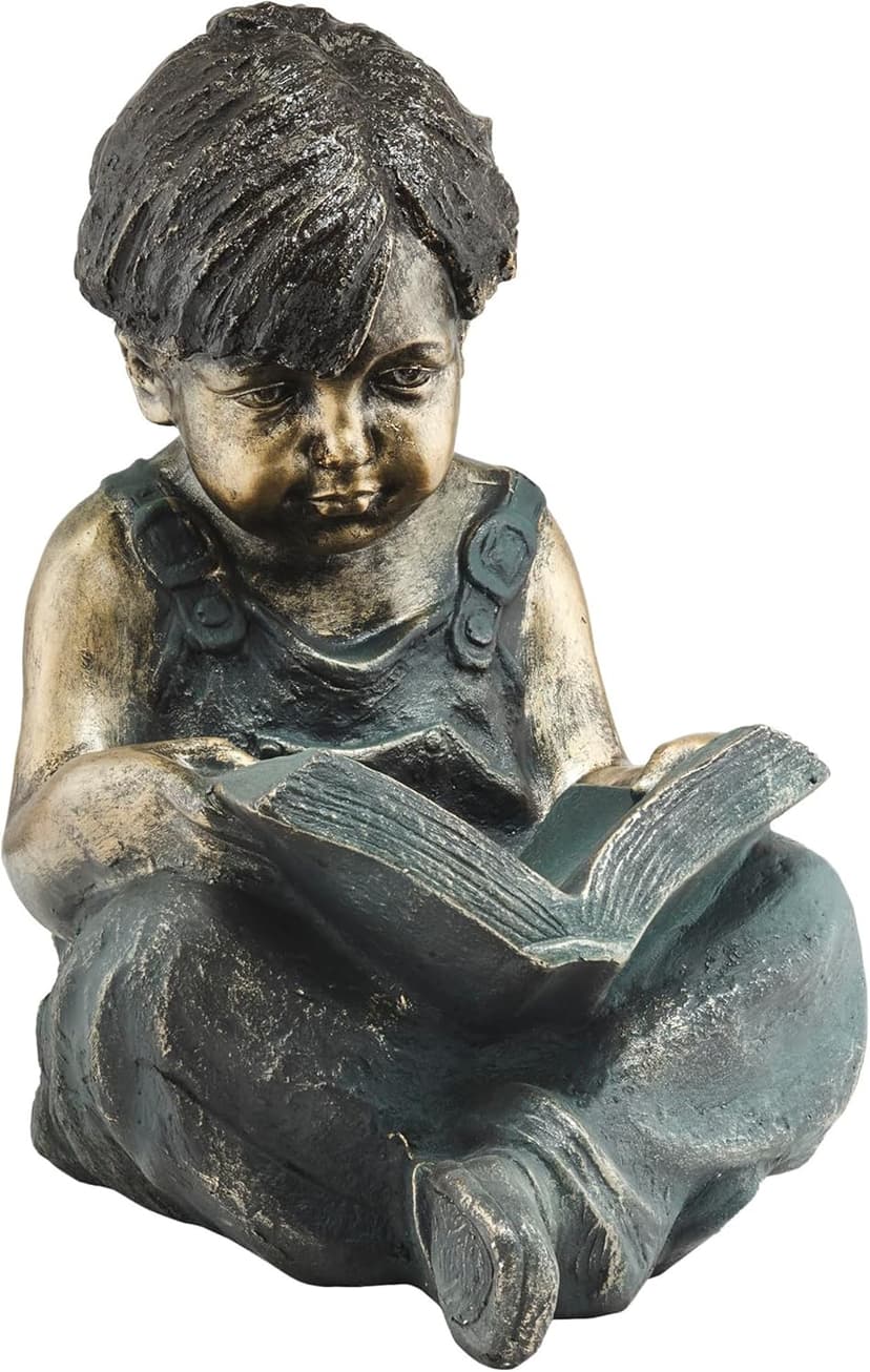 Alpine Corporation 19" Tall Indoor/Outdoor Boy Sitting Down Reading Book Statue Set Yard Art Decoration