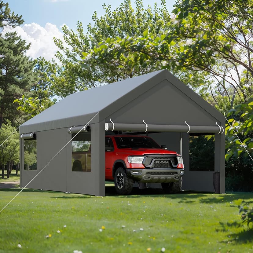 JY QAQA Carport, 12x20 FT Heavy Duty Carport with Removable Side Walls and Doors, Portable Garage with Roll-Up Window and Sandbags, Car Canopy with All-Season Tarp for Cars, Trucks, Boats, Gray