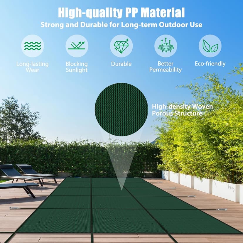 Inground Pool Cover Safety Fits 15x30ft Rectangle Swimming Pool, Mesh Solid Pool Cover for Inground Pools,Winter Pool Safety Cover Includes Safety Net and Installation Tools Green