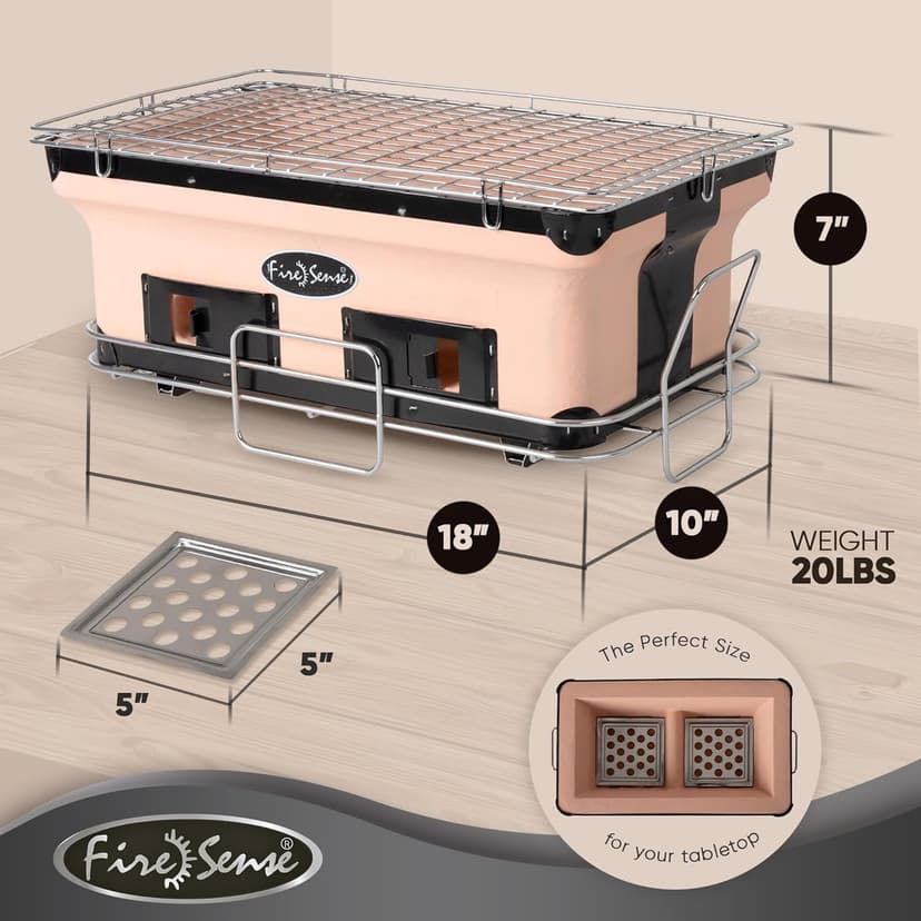 Fire Sense 60450 Yakatori Internal Grates Charcoal Chrome Cooking Grill Japanese Table BBQ Handmade Using Clay Adjustable Ventilation For Outdoor Barbecues Camping Traveling - Large - Tan