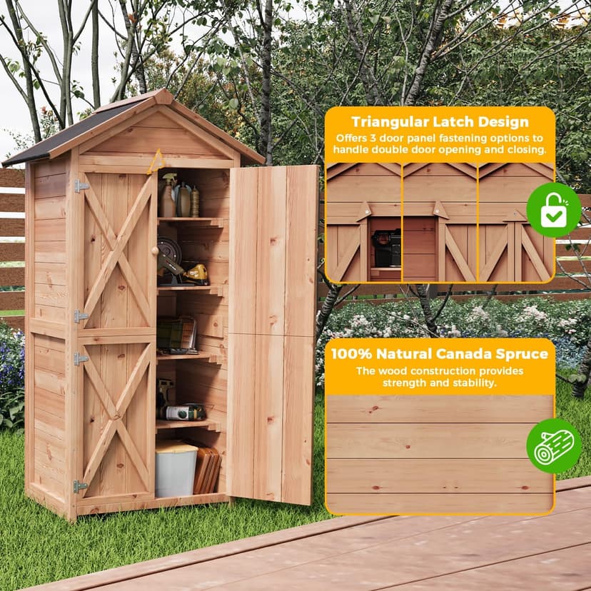 66" Outdoor Storage Shed with Double Doors, Large Wooden Capacity Storage Tool Cabinet Box with Waterproof Roof, Garden Wood Tool Shed for Yard Deck Lawn Farmland (Cherry)