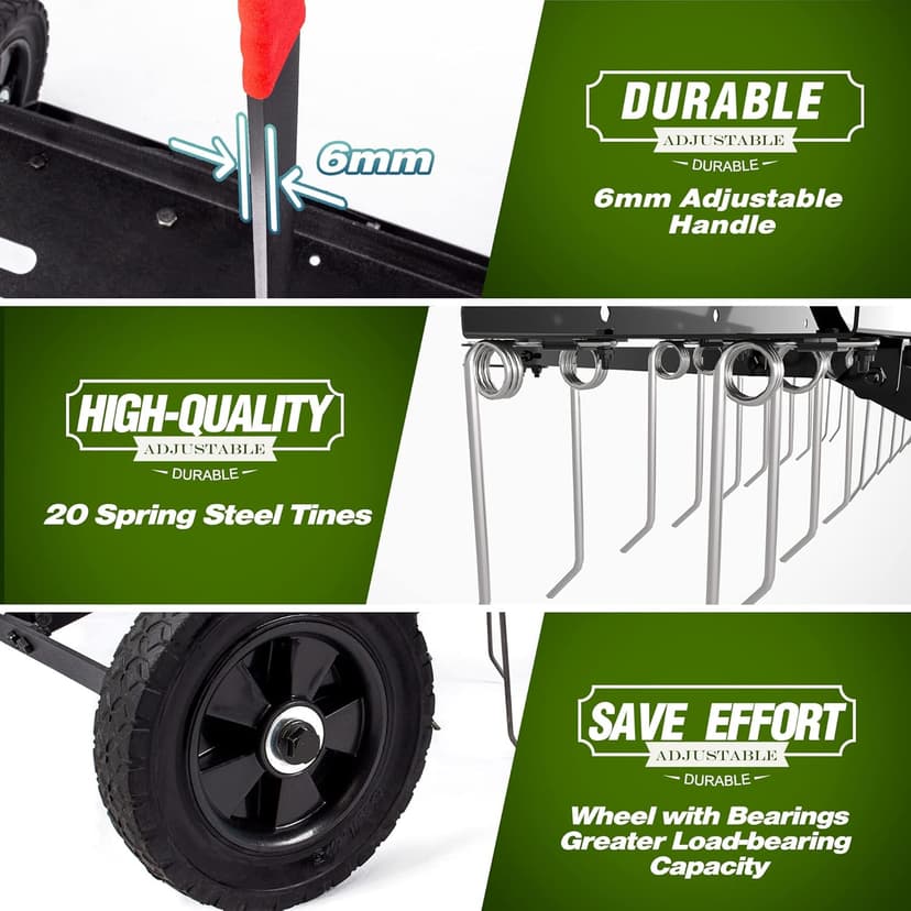 Suchtale 40inch Tow Behind Dethatcher with 20 Spring Steel Tines,Lawn Sweeper Garden Grass Tractor Rake Removes Thatch from Large Lawns, Riding Lawn Mower Attachments for Outdoor Yard Tools Lawn Care
