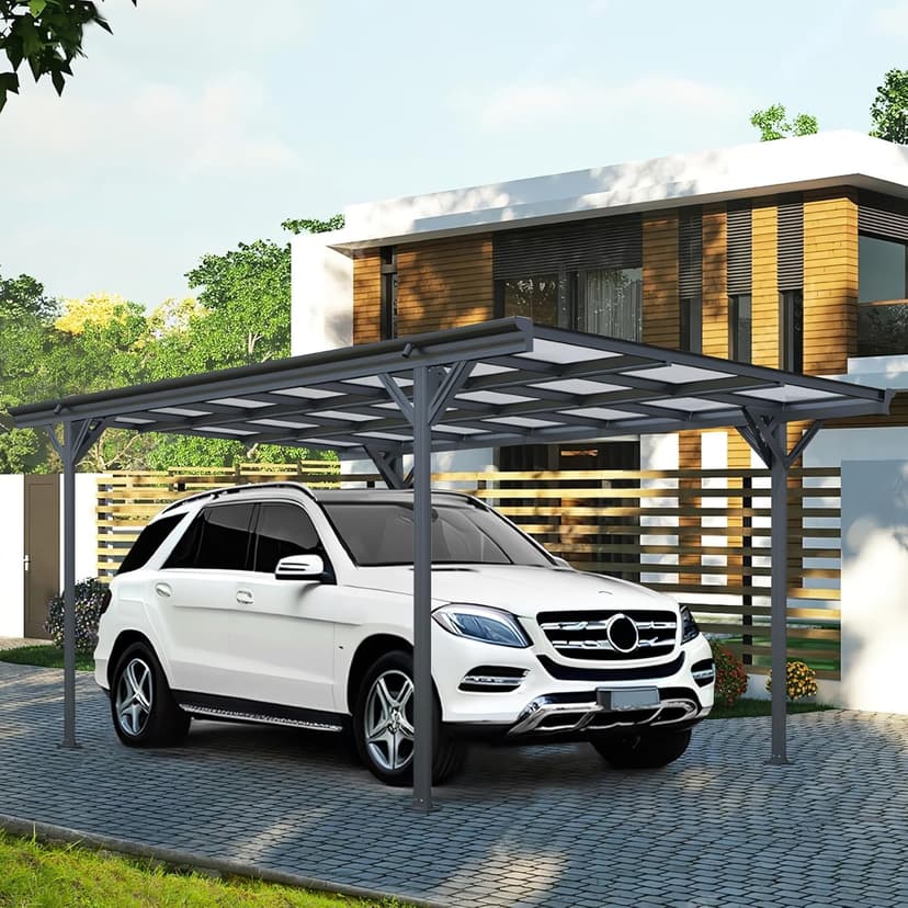 Real Relax Metal Carport 10 x 16ft with Heavy Duty Metal Frame & Pitched-Roof Polycarbonate Panel Canopy, Sturdy Canopy Shelter for Car, Truck, Pickup, SUV, Tractor, and Boat, Grey
