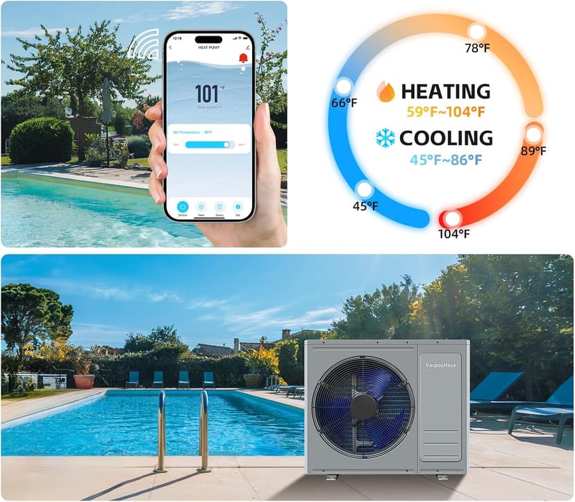 35100 BTU Above Ground Pool Heater 10000 Gallon Swimming Pool Heater Pump Heating or Cooling Electric Pool Heater For Inground Pool WiFi Control Schedule 220V 60HZ