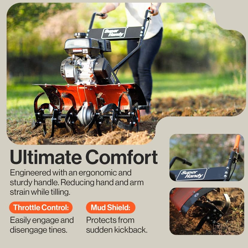 SuperHandy RotoTiller Cultivator 27” Inch Tilling Width 7HP 209cc 4 Stroke Gas Motor 6 Premium Steel Adjustable Forward Rotating Tines for Garden & Lawn, Digging, Weed Removal