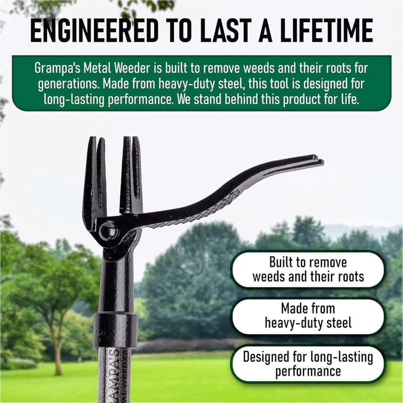 Grampa's Metal Weeder - Stand Up Weed Puller Tool with Steel Long Handle - Made with All Steel Handle & 4-Claw Steel Head - Easily Remove Weeds Without Bending, Pulling, or Kneeling (Black)