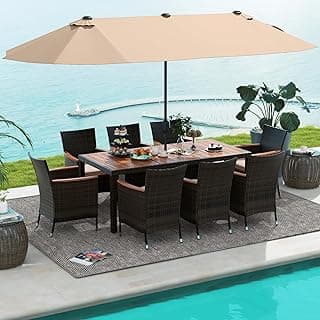 Tangkula 10 Piece Patio Rattan Dining Set with 15Ft Double-Sided Umbrella, Outdoor Heavy Duty Acacia Wood Table and Stackable Wicker Chairs Set, Umbrella with Weighted Base